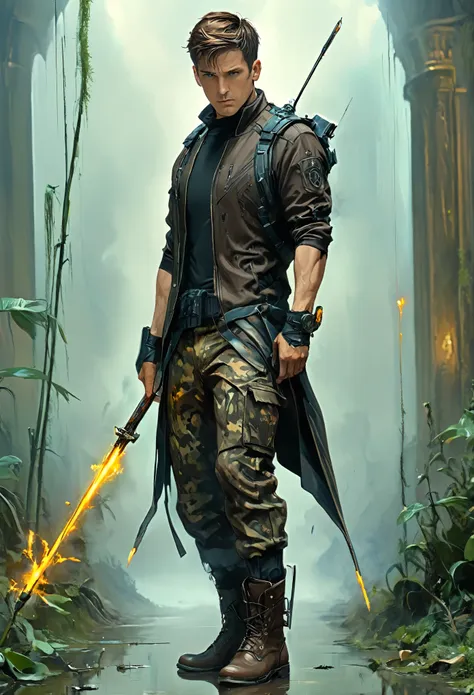 (masterpiece, best quality: 1.2) , mature men, short hair, brown hair, black t-shirt, camo pantsuit , boots, mystical staff, sur...