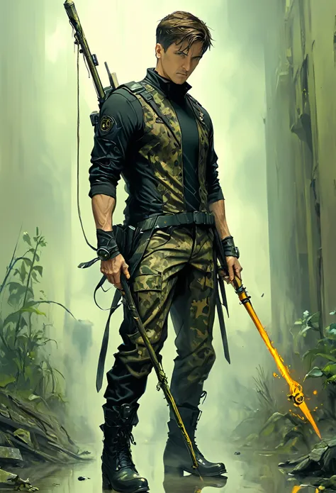 (masterpiece, best quality: 1.2) , mature men, short hair, brown hair, black t-shirt, camo pantsuit , boots, mystical staff, sur...