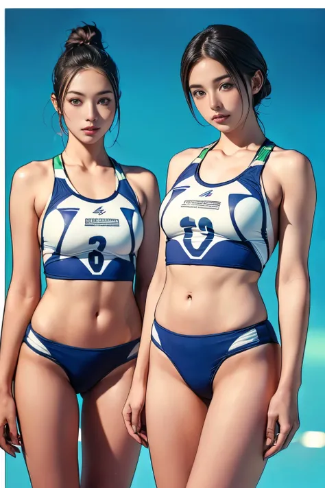 (Two Women),(Two beach volleyball players standing side by side:1.5),(Japanese),(Same beach volleyball team:1.5),(Beach Volleyball Bikini:1.3),(Wearing the same:1.5),(Short hair:1.3),rest(whole body:1.5),(Beautiful eyes),(Beautiful face),(Very detailedな顔:1...