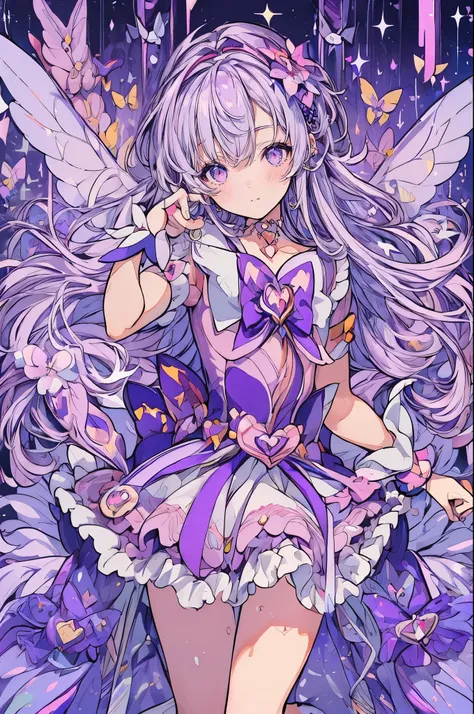 (Magical Girl 1:1.5)、Light purple magical girl、(Long Hair)、Purple ruffled skirt、Light purple ribbon、butterfly々、Lots of purple flowers、Sparkling、lame、Glitter、White Feather、Dance、(Very smiling)