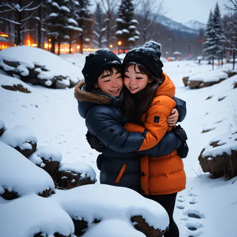 In a winter environment, A couple hugging, both in cold weather clothes. 