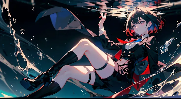 (masterpiece, sidelighting, ultra-detailed, finely detailed beautiful eyes: 1.2, blue lighting) anime girl, tomboyish, crimson eyes, short sharp messy black hair. Black suit, white collared shirt, red bowtie with long ribbons, black shorts, black thigh str...