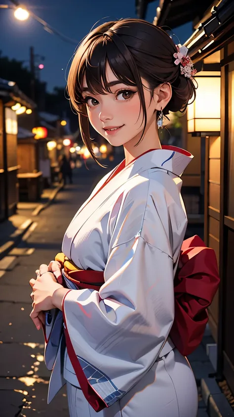 (RAW photo, best quality), (Beauty photography:1.3),(masterpiece), Composition from the waist up, ((light brown Hair)), ((chignon)), looking at the viewer, standing, smiling, earrings, outdoors, ((Detailed traditional Japanese yukata)), asymmetric bangs, S...