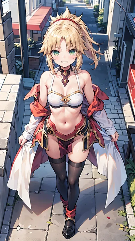 masterpiece, best quality, illustration, city street, 1girl, mordred \(fate\), collarbone, detailed blond hair ponytail braid, g...