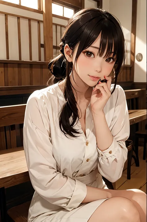 prompt:
&quot;A woman named Kusunoki Reina, a 2 intellectual and calm character, is having lunch in a cafe. She has long, straight black hair tied back in a low ponytail, with a few strands framing her face. Her face is delicate, with sharp, defined featur...