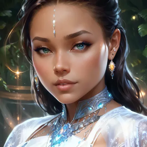 a close up of a mulatto woman with a necklace and earrings, a stunning young ethereal figure, neoartcore and charlie bowater, digital fantasy portrait, charlie bowater art style, artgerm julie bell beeple, beautiful fantasy portrait, beautiful fantasy art ...