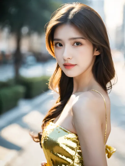 ((Best quality, 8K, masterpiece:1.3))，1girl，1，Asian，Real texture:1.3，(Background blur:1.1)，Gorgeous long dress，Tall and slender figure:1.2，(Hot summer weather)，（street:1.3），Highly detailed face and skin textures，Exquisite eyes，Long eyelashes，Double eyelids...