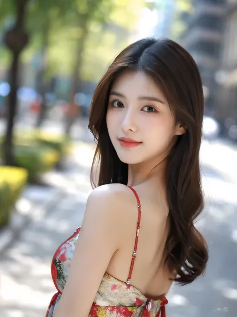 ((Best quality, 8K, masterpiece:1.3)), 1girl, Asian, Real texture:1.3, (Background blur:1.1), Gorgeous long dress, Tall and slender figure:1.2, (Hot summer weather),（street:1.3), Highly detailed face and skin textures, Exquisite eyes, Long eyelashes, Doubl...