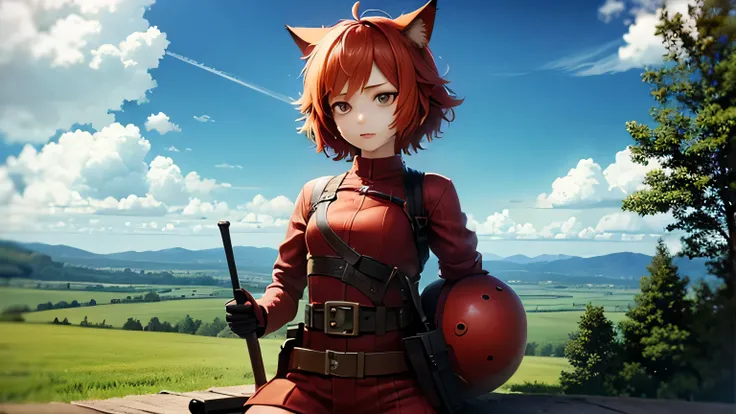 anime girl ,short red hair and red furry cat ear with weapons , and war helmet