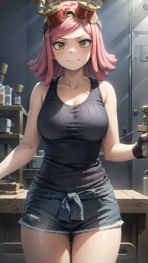 hatsume mei (mha), 1girl, solo, pink hair, short hair, goggles on head, tank top, shorts, bangs, symbol-shaped pupils, yellow ey...