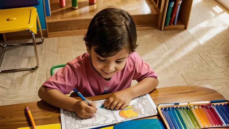 
a child coloring a coloring book, smiling, looking at the drawing he is coloring, seen from above, with many colored pencils and crayons around him.