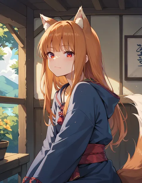 score_9, score_8_up, score_7_up, score_6_up, holo, 1girl, wolf ears, long hair, solo, red eyes, ginger hair, wolf tail,