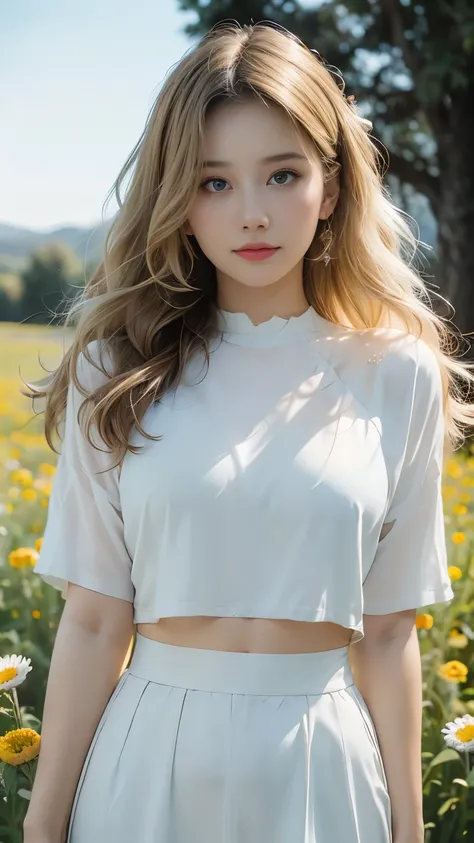 masterpiece, Highest quality, 8K, Ultra-high resolution, Cinematic Lenses, girl, Blonde, Light skin, Curly hair up, Smile, In a field of wild flowers, Soft morning sunlight shining, Her hair grows like a halo, Ethereal atmosphere and dreamy bokeh effect, T...