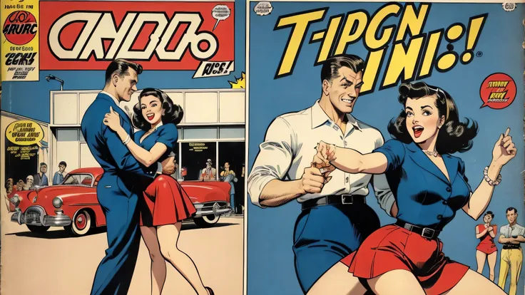 Create a logo ,Retro Comics,1950s,A man and a woman are dancing the twist in front of an open car
