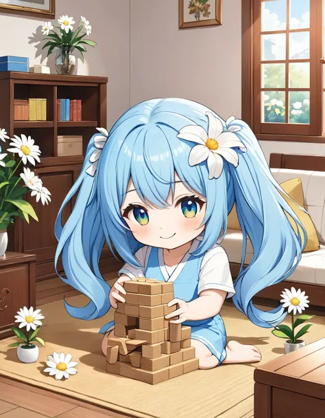 Light blue long hair、Twin-tailed Chibi Character、Playing with building blocks in a sunny living room、A room full of wooden blocks、Playing with blocks、A happy smile、The living room is decorated with lots of white daisies and orchids.