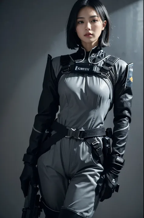 (Highest image quality, outstanding details, ultra-high resolution, realism), highly condensed 1 beautiful girl, with a delicate and beautiful face, ((cowboy shot)), (a bit chubby:0.4), (wearing black racing suit likes police uniform, black and grey mecha,...