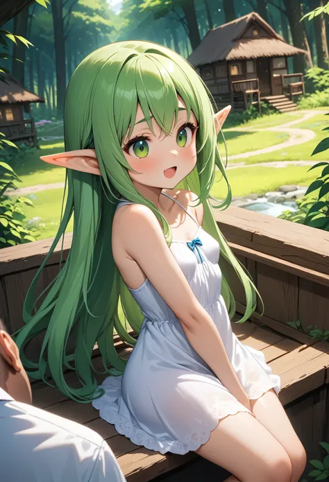 Best Quality Paintings、、Very cute、Small breasts、White dress、Slender body、Bright green long hair、Elf Ears、A village surrounded by lush forests、A man is stroking a girl's head、An innocent smiling girl、One Girl、One Man