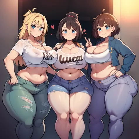 ((highres)), Masterpiece, high quality, best quality, beautiful, perfect lighting, detailed face, ultra cute face, (((3girls))), one girl has blonde hair, blue eyes, crop top and shorts skindentation, one girl has brown hair, green eyes, jeans, white shirt...