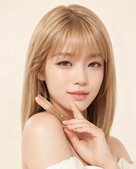 1 , Long hair, Alone, high resolution, blonde hair, Bangs between the eyes, slanted eyes, asiaticahigh resolution, mouth closed, smile, slight smile, Holding the chin, Simple Background, Surrealism, 