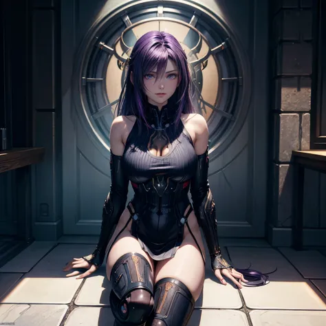 4k, HDR, full HD, Masterpiece, anime style, 1girl, long purple hair, perfect anatomy, detailed skin texture, angelic face, photo, portrait painting of a cybernetic black hacker with power armor, ultra realistic, concept art, intricate details, eerie, highl...