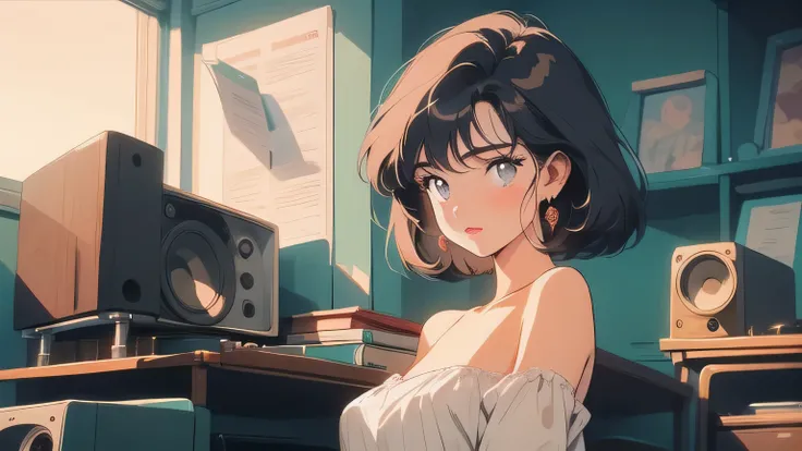 It depicts a woman in her early 20s posing stylishly in front of vintage audio equipment.. Her white blouse and short hair revealing her shoulders emphasize her loveliness., There are cute freckles on her cheeks.. The old speakers and tape recorders surrou...