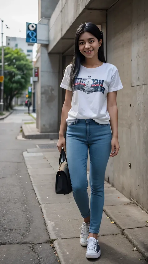 A girl is standing 、Full body photo、White striped t-shirt, Blue skinny jeans, Black Hair, indonesian girl, smile, with sneaker, University
