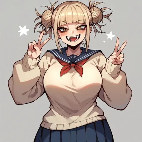 Himiko Toga, big breasts, wide hips, sharp fangs, blushed, smirk, making the peace sign, standing, looking at viewer, simple background, from the front view
