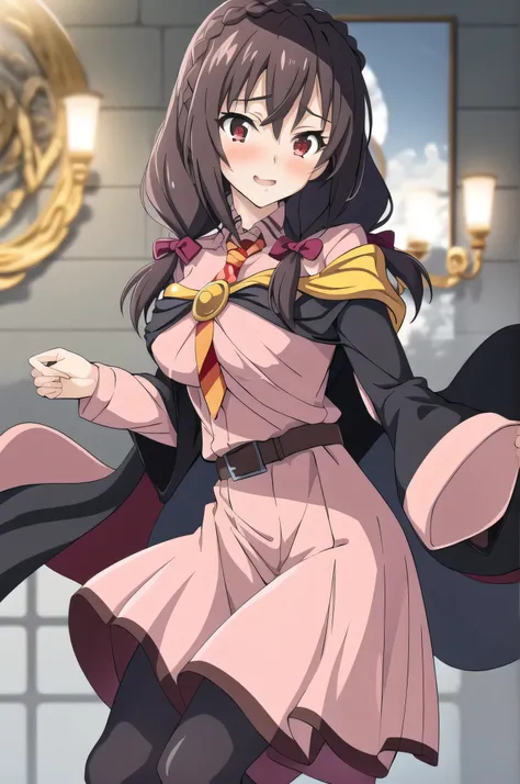 (masterpiece, best quality), anime、1girl, yunyun,long hair,braid,twintails,hair between eyes,hair bow,hair ornament,large breasts,(cape:1.2),necktie,shirt,pink shirt,long sleeves,belt,pink skirt,pantyhose,loafers,brown footwear、(blush)、blue sky、lawn、Cri...
