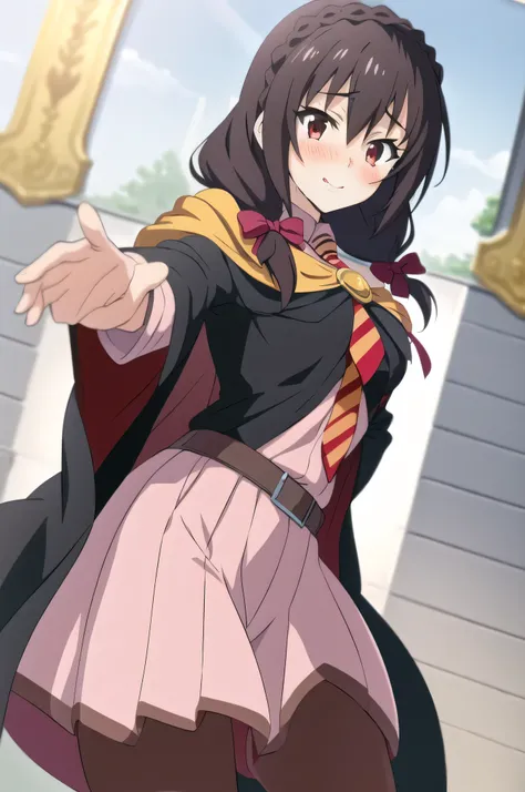 (masterpiece, best quality), anime、1girl, yunyun,long hair,braid,twintails,hair between eyes,hair bow,hair ornament,large breasts,(cape:1.2),necktie,shirt,pink shirt,long sleeves,belt,pink skirt,pantyhose,loafers,brown footwear、(blush)、blue sky、lawn、Cri...