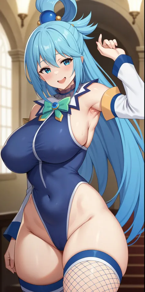 Adult, female, mature, hot goddess Aqua, blue dress, fishnet stockings, long stockings, big round breasts, she is a Beautiful woman ((Aqua de Konosuba, Beautiful and cute)), (blue hair, tied to a clip and straight), double eyelids, blue eyes, Clear and det...