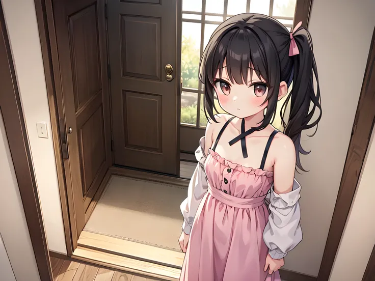 nsfw,best quality,ultra detailed,
(girl ,, , small_breasts),
black hair,side ponytail,brown eyes,baby face,

sleeve less,wearing white pink dress with shoulder straps,(glimpse ),
sense of curiosity,,lean forward,

( bewildered expression,from inside the ir...