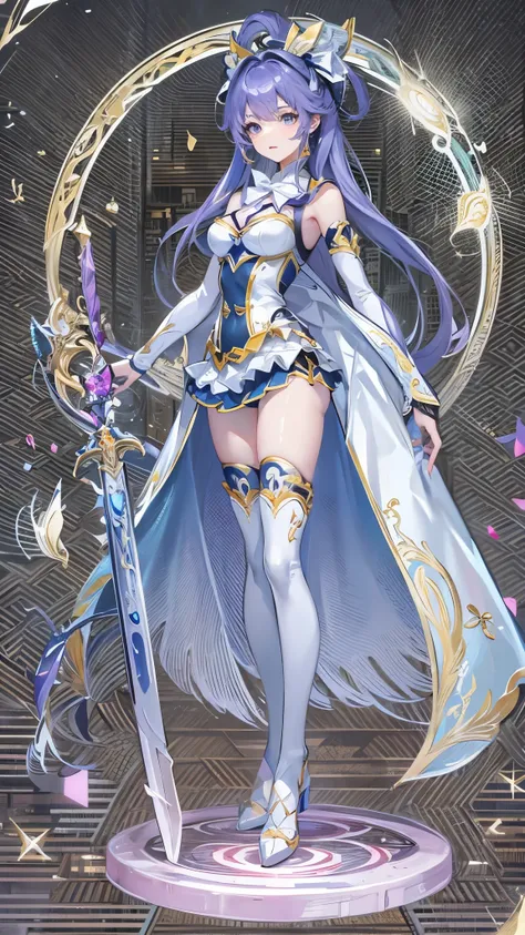 ((Best Quality)),(Ultra-high resolution),(Super detailed),(Detailed Description),((The best CG)),(masterpiece),Highly detailed art,(Art with precise detail:1.5), Magical Girl, Blue Hair,Twin tails,Sapphire Blue Eyes, Sleeveless blue top with gold accents,S...