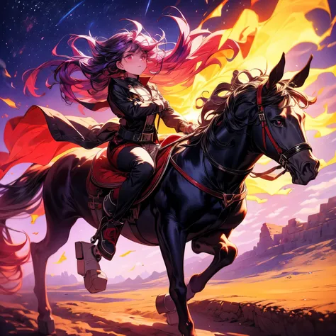 4k, HDR, full HD, Masterpiece, 1girl, long purple hair, perfect anatomy, full body,a beautiful girl, with red eyes, riding a horse, in the desert, 