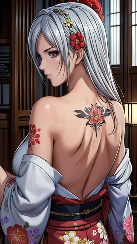 ((best quality)), ((masterpiece, top quality, best quality, official art, beautiful and aesthetic:1.2),1girl, tattoo, solo, japanese clothes,  hair ornament, unsheathing, silver hair, sheath, back tattoo, red eyes,  off shoulder, bare shoulders, looking ba...