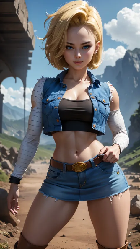 Android 18 da dragon ball,(best qualityer,4K,8k,high resolution,work of art:1.2)(weather: windy), mountain road background, battle ruins, short curly hair, blonde hair, black strapless top, tight mini skirt, brown boots, denim vest, earrings, pantyhose, co...