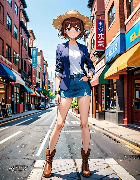 Masterpiece, Best Quality, High Resolution, highly detailed, professional, 8k, 1girl, tall body, wonder, superhero, light brown straw hat, blue eyes, wristwatch, matching boots, (blue suit jacket, white t-shirt, denim skirt, miniskirt, bare legs), medium b...