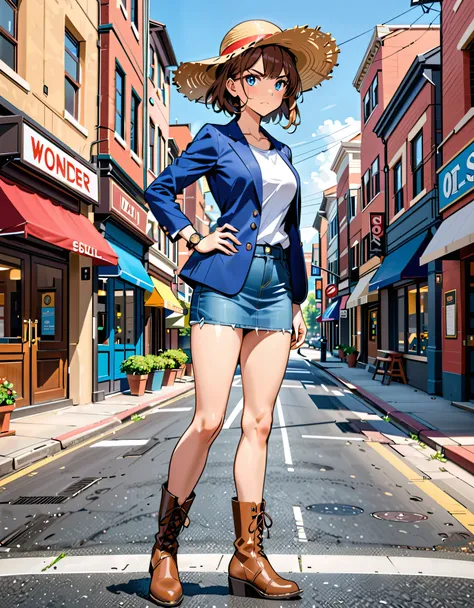 Masterpiece, Best Quality, High Resolution, highly detailed, professional, 8k, 1girl, tall body, wonder, superhero, light brown straw hat, blue eyes, wristwatch, matching boots, (blue suit jacket, white t-shirt, denim skirt, miniskirt, bare legs), medium b...