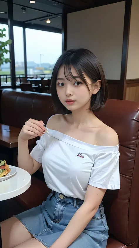 (high quality), (Realistic photos)、1 female、((No audience:1.7))、((Eating at a restaurant:1.4))、((Photographed from directly in front:1.5))、((A large selection of sumptuous lunches laid out on a restaurant table:1.7))、((A woman with short hair wearing a whi...