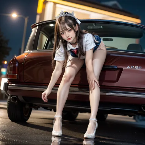 sfw, (closeup from crotch to face) extremelydetailed (schoolgirl lean against the car) spread knees up, perfect face, brilliant(...