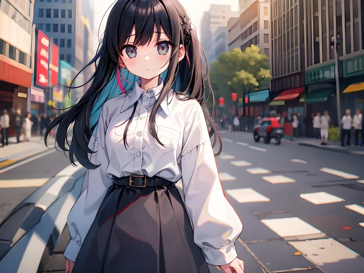 1girl, long_hair, looking_at_viewer, bangs, skirt, shirt, black_hair, hair_ornament, long_sleeves, twintails, closed_mouth, white_hair, heart, multicolored_hair, pleated_skirt, outdoors, solo_focus, day, belt, blunt_bangs, two-tone_hair, sleeves_past_wrist...