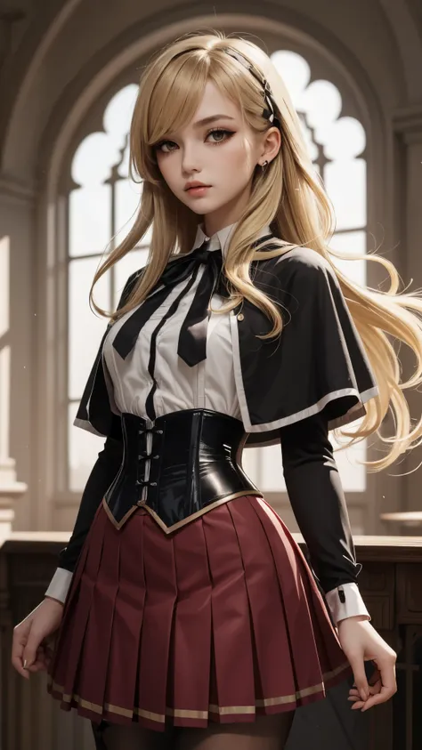 girl, black capelet, white shirt, black ribbon, neck ribbon, long sleeves, corset, red skirt, pleated skirt, caucasian, (blonde hair:brown hair:1.2), (brown eyes), long swept bangs, long eyelashes, thin eyebrows, long hair, (half-closed eyes:0.6), (black e...