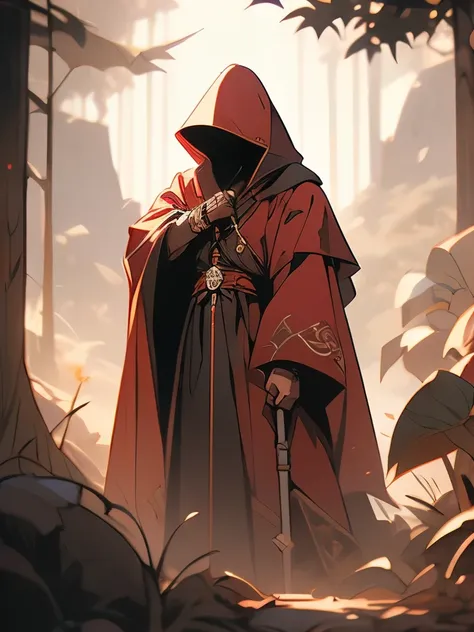 cloaked figure, red robe, detailed patterns, hooded, armored guards, black helmets, swords, standing pose, serious atmosphere, forest background, red foliage, mountain in distance, natural scenery, overcast lighting, shadows cast from figures, medieval the...