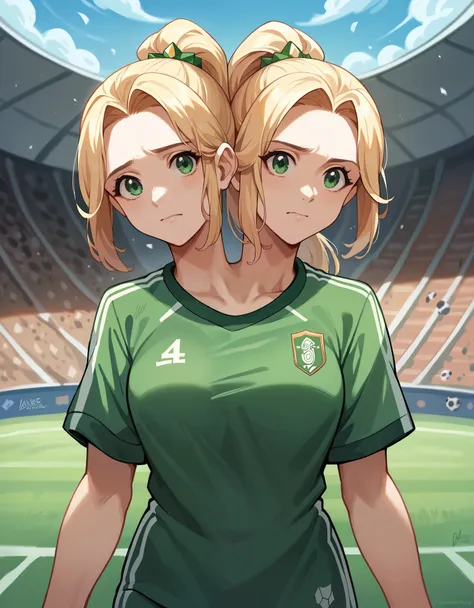 (masterpiece, best quality), best resolution, two heads, 1girl, blond hair, ponytail, green eyes, focused, soccer uniform, playi...