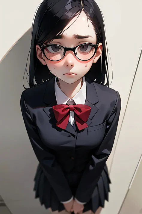 Woman watching man masturbate　Erotic、bedroom、skirt　uniform、Slender、Very white skin、Big head、My sister, about 、Full of sweat　Surprise　Glasses、Black Hair　Embarrassed expression　A little bit scorched　A strained expression　Young　front　View from the front　Subje...