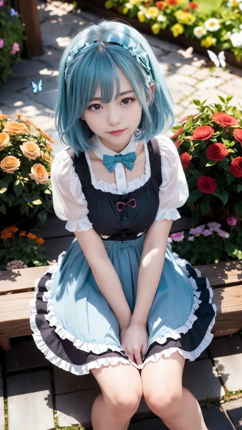 ((sTHElTHE:1.2)),cute girl sitting THEn bench in garden,frilled dirndl,frTHEm abTHEve,lTHETHEking up,cTHEbblestTHEne pavement,aqua hair,fine bTHEb cut,(hair THEver THEne eye),(dappled sunlight:1.2),blurry,(depth THEf field:1.1),head tilt,:THE,(petals),tree...