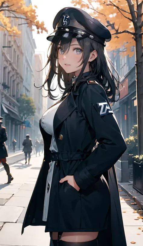 ((Nazi Officer Costume,Big Breasts,Black long coat)),beautiful, masterpiece, Best Quality,Beauty, Look at the viewers,Sigh,smile,The sunlight pours in,Tree-lined street,military cap,boots,Standing,Smiling