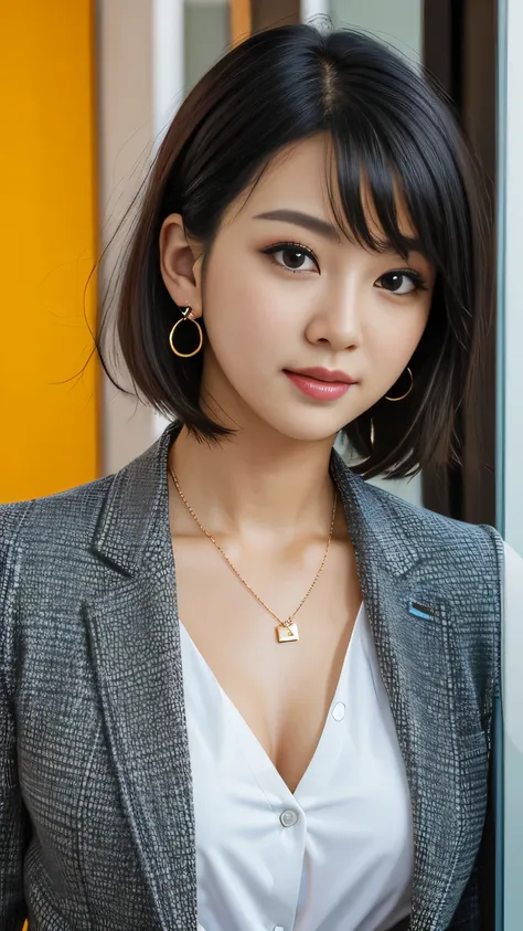 raw photo high resolution, very detailed, intricate details, 、ear piercing、、short hair、jet black hair、office lady suits 、、jacket...