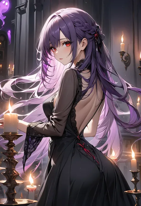 (masterpiece, Best Quality), One girl, Hair color purple，I have long hair，Dark Mansion，candle，Black Dress，Red eyes，Reach out here，dark，Alluring，ghost，Purple Aura