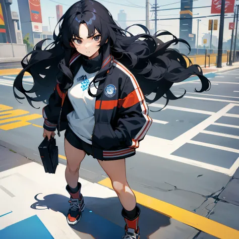 1female , Long Wavy Hair , Black Hair , Young Female , Olympic Letterman Jacket , Long , Blueish Black Eyes , Muscular , Standing on sidewalk , Serious Expression , Lean Build