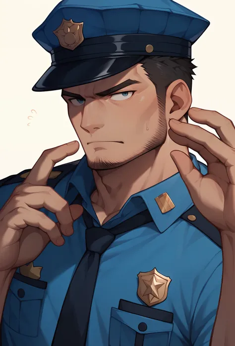 a japanese male police officer.
he is in his 30s with short hair and a slight beard.
he has a moderately muscular build and a bo...